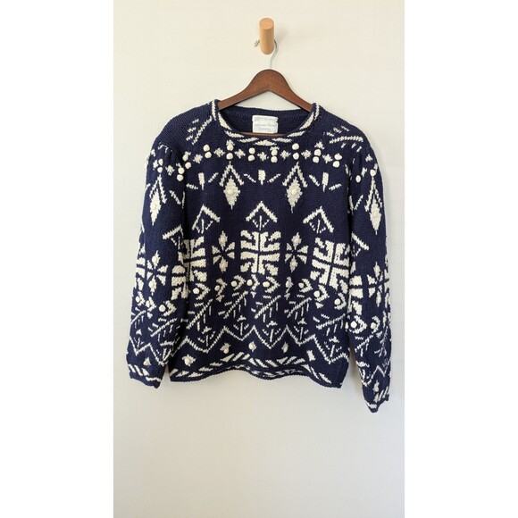 Vintage Jennifer Reed Hand Knit Sweater Sz 4 Pom Pom Cottage Cabin Navy White - Picture 1 of 8